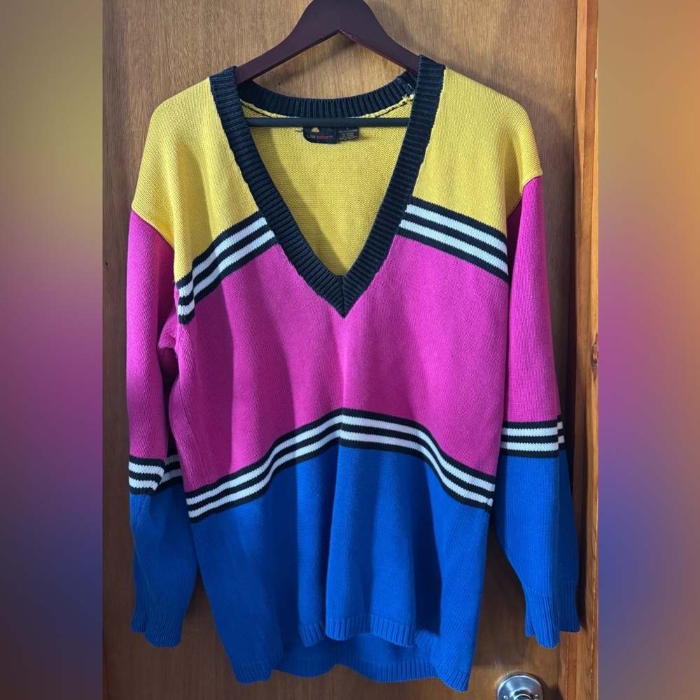 Vintage Liz Sport Color Block Preppy V-Neck Cotton Sweater Blue Pink Yellow